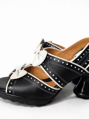 John Fluevog Black and White Bow-Accent Peep-Toe Heels Size 9